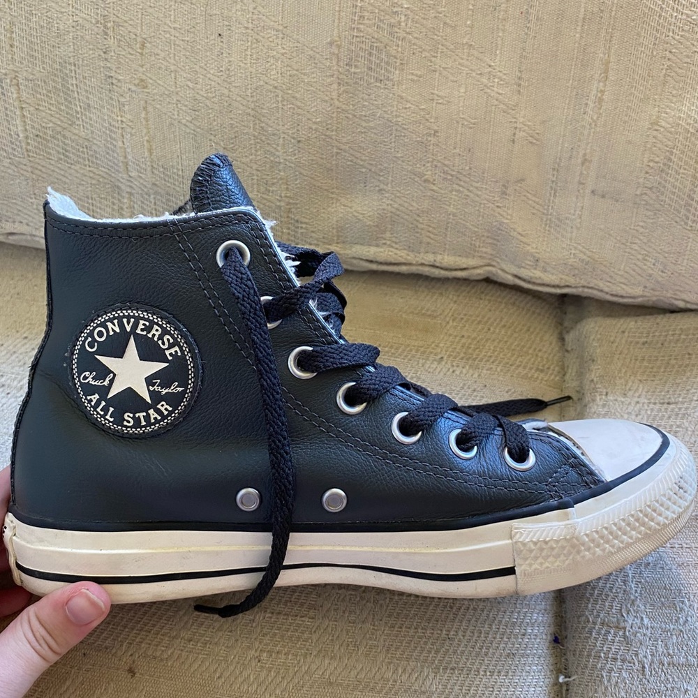 leather Converse fur lining high tops